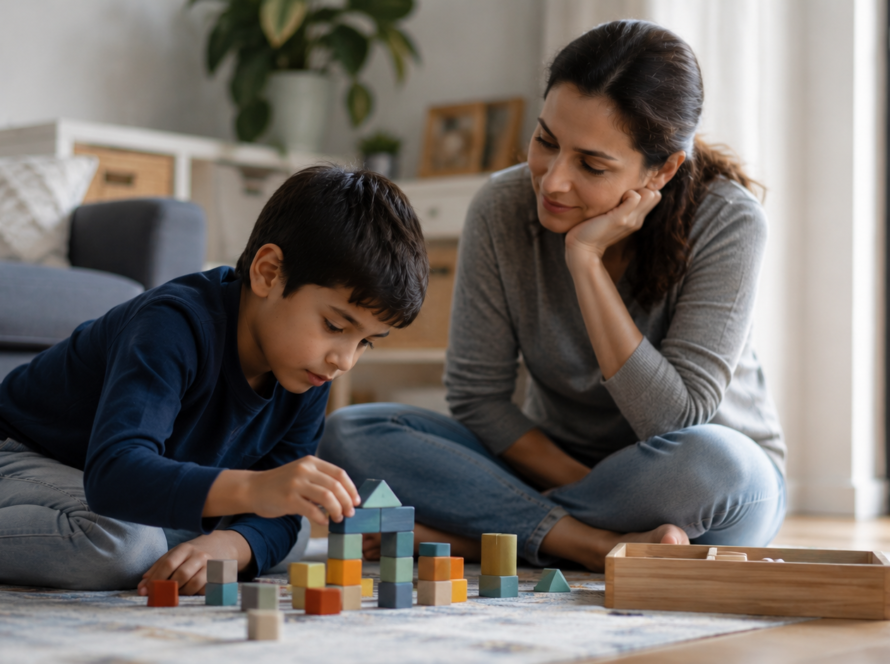 A child builds with colorful blocks while a woman observes, illustrating engaging activities for understanding autism spectrum disorder.