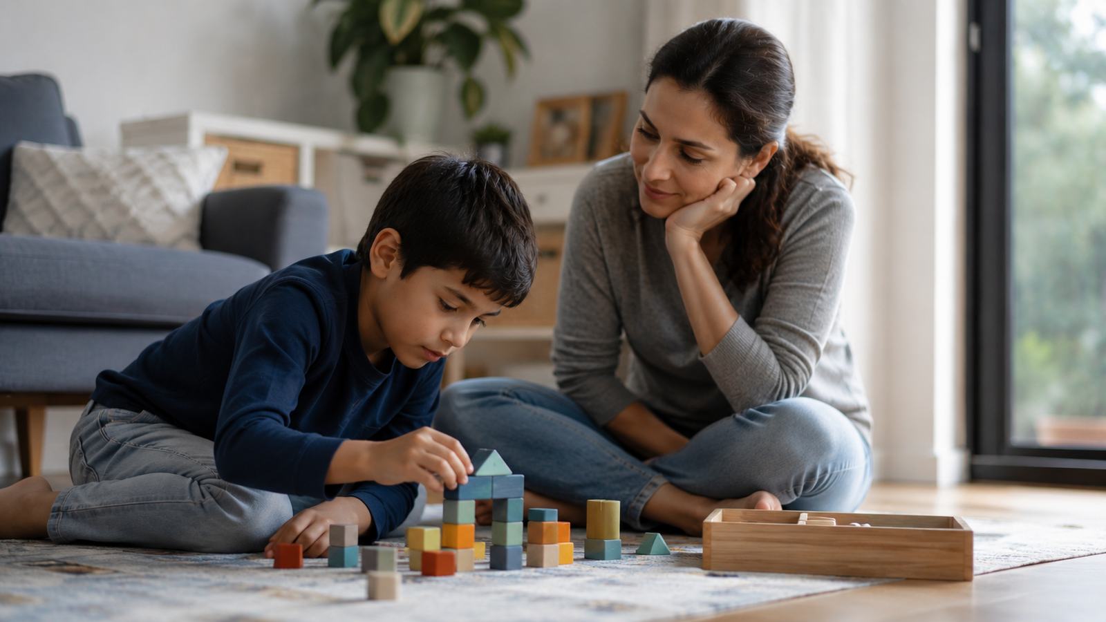A child builds with colorful blocks while a woman observes, illustrating engaging activities for understanding autism spectrum disorder.