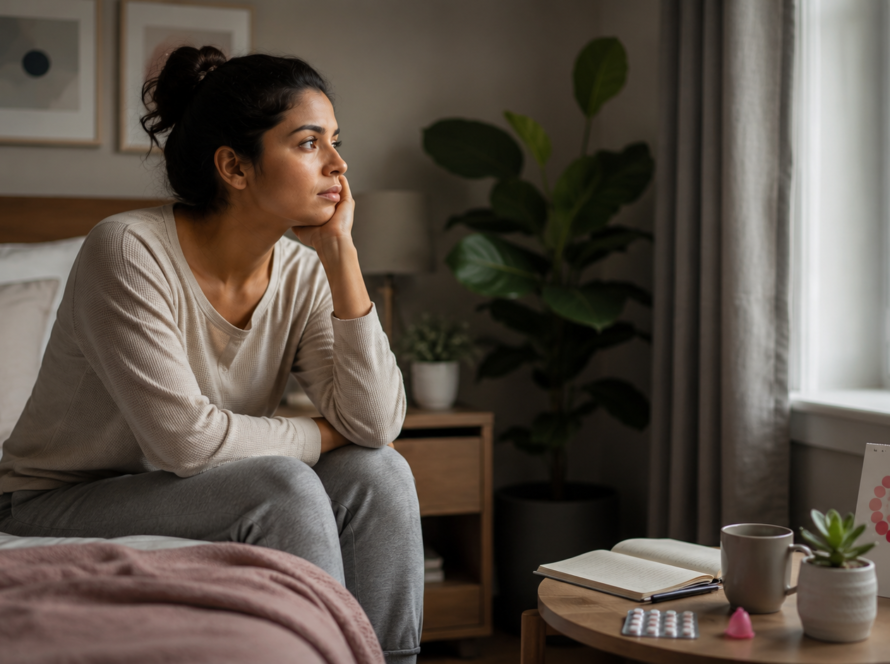 A woman sits thoughtfully on her bed, reflecting on the impact of the menstrual cycle on women’s mental health.