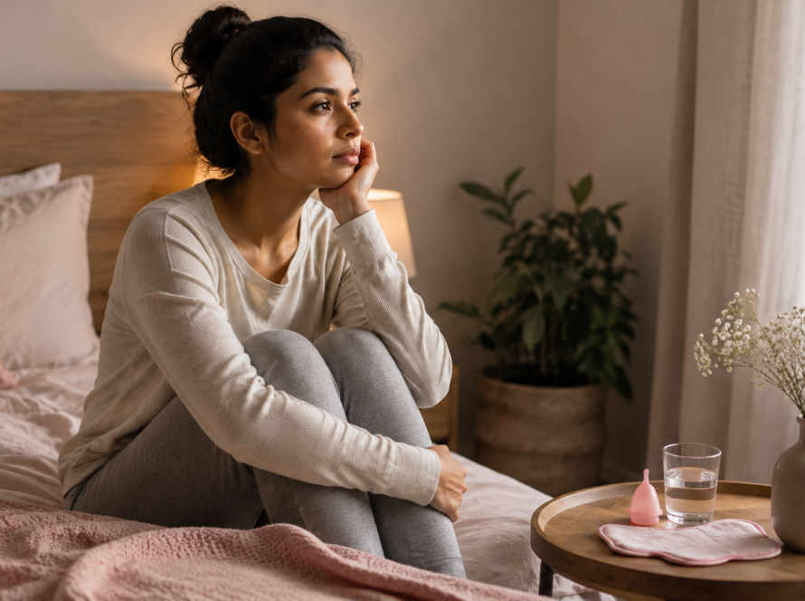 A woman sits thoughtfully on her bed, reflecting on women’s mental health during the menstrual cycle, with calming decor around her.