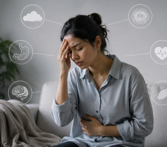 Woman experiencing stress and physical discomfort, illustrating the connection to psychosomatic disorder symptoms.