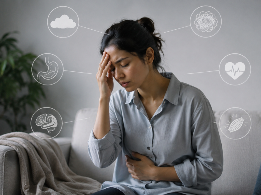 Woman experiencing stress and physical discomfort, illustrating the connection to psychosomatic disorder symptoms.