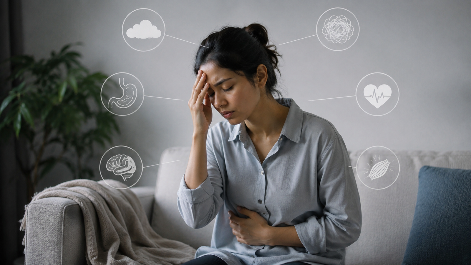 Woman experiencing stress and physical discomfort, illustrating the connection to psychosomatic disorder symptoms.