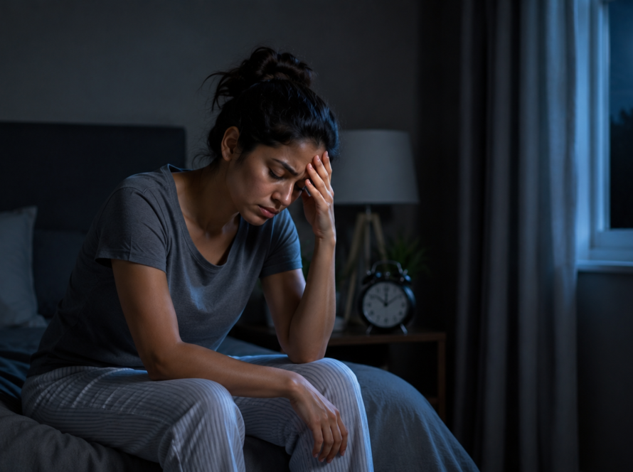 A woman sits on her bed at night, visibly distressed, highlighting the impact of sleep disorders on mental health.