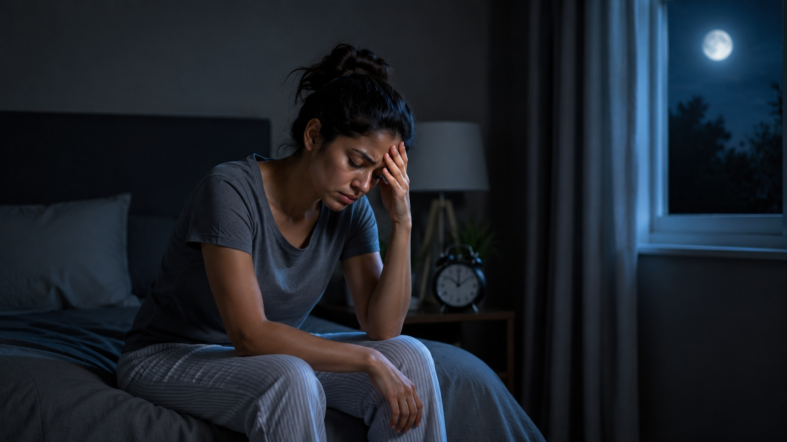 A woman sits on her bed at night, visibly distressed, highlighting the impact of sleep disorders on mental health.