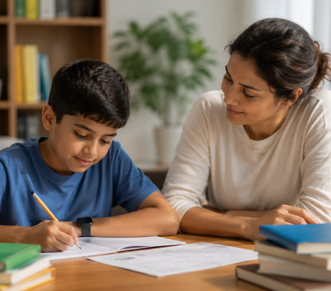 A mother supports her son with homework, highlighting the importance of addressing specific learning disorder in children.