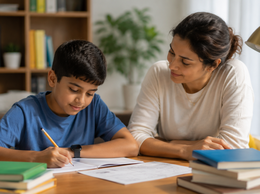 A mother supports her son with homework, highlighting the importance of addressing specific learning disorder in children.