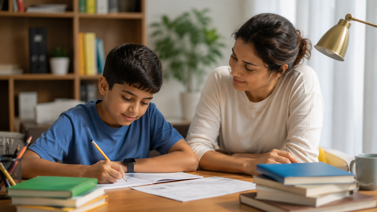 A mother supports her son with homework, highlighting the importance of addressing specific learning disorder in children.