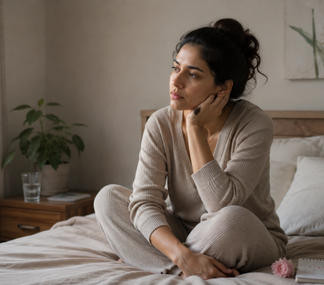 A woman sits thoughtfully on a bed, reflecting on her experiences related to autism spectrum disorder.