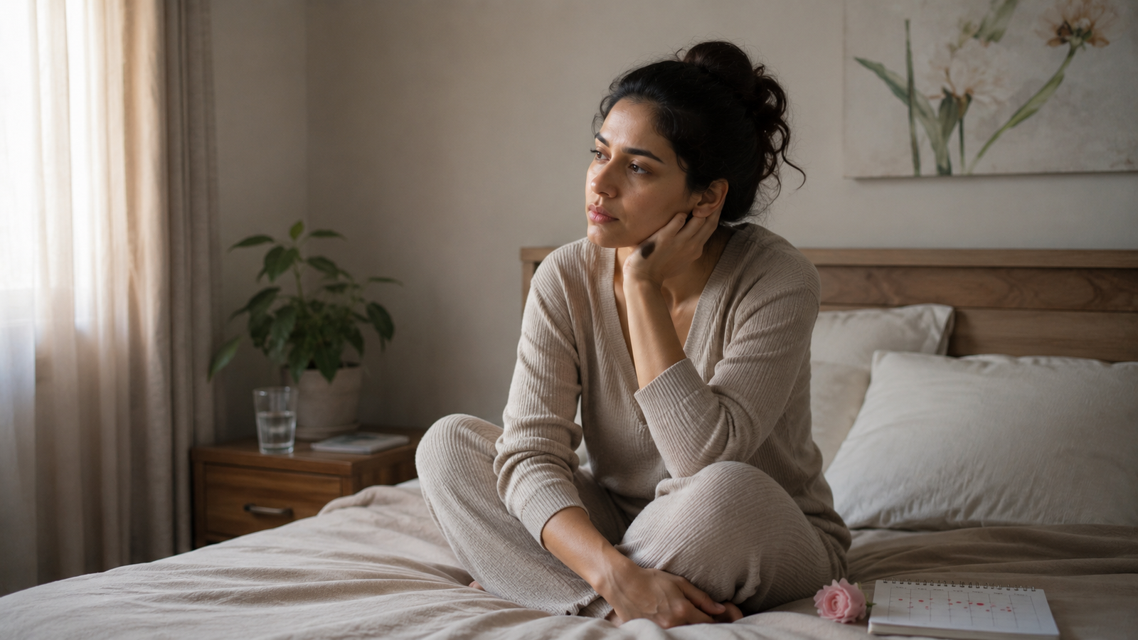 A woman sits thoughtfully on a bed, reflecting on her experiences related to autism spectrum disorder.