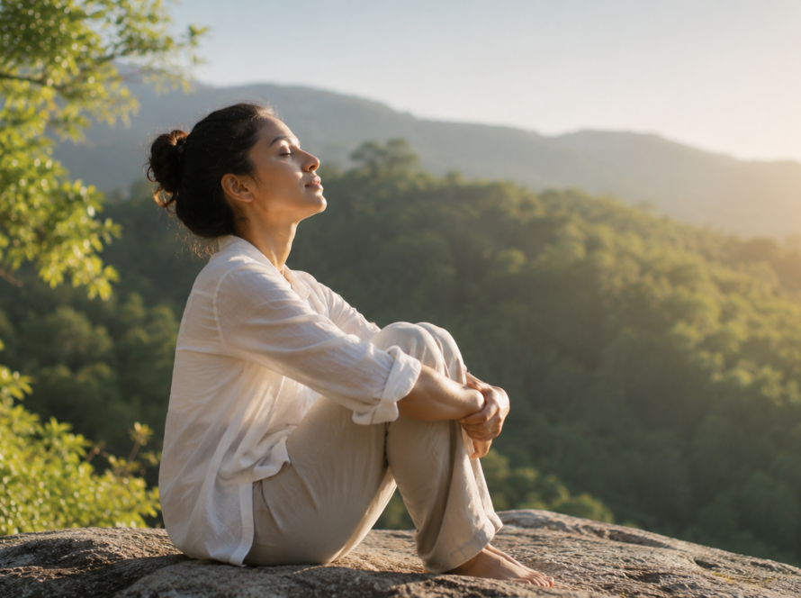 A woman sits peacefully on a rock, surrounded by nature, reflecting on ways to improve mental well-being.