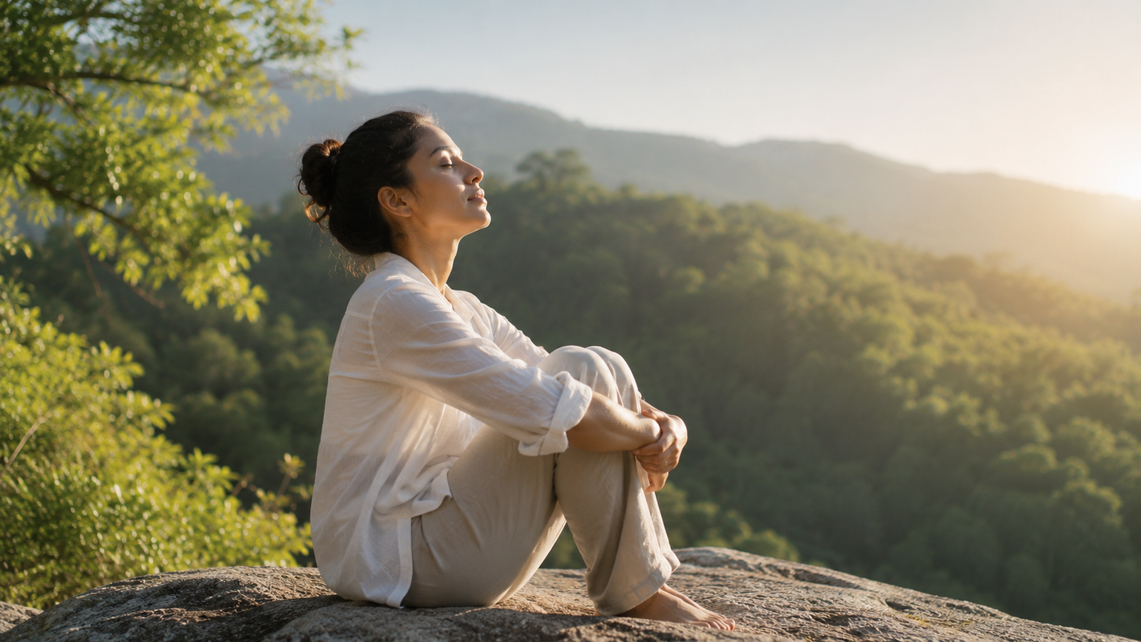 A woman sits peacefully on a rock, surrounded by nature, reflecting on ways to improve mental well-being.