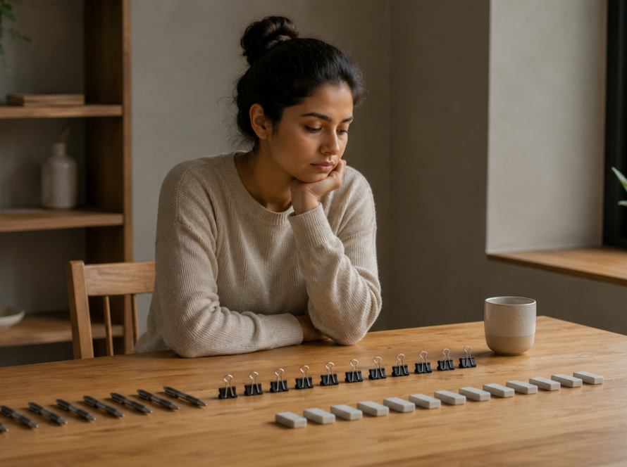 A woman sits thoughtfully at a table, surrounded by organized objects, reflecting the struggles of obsessive compulsive disorder.