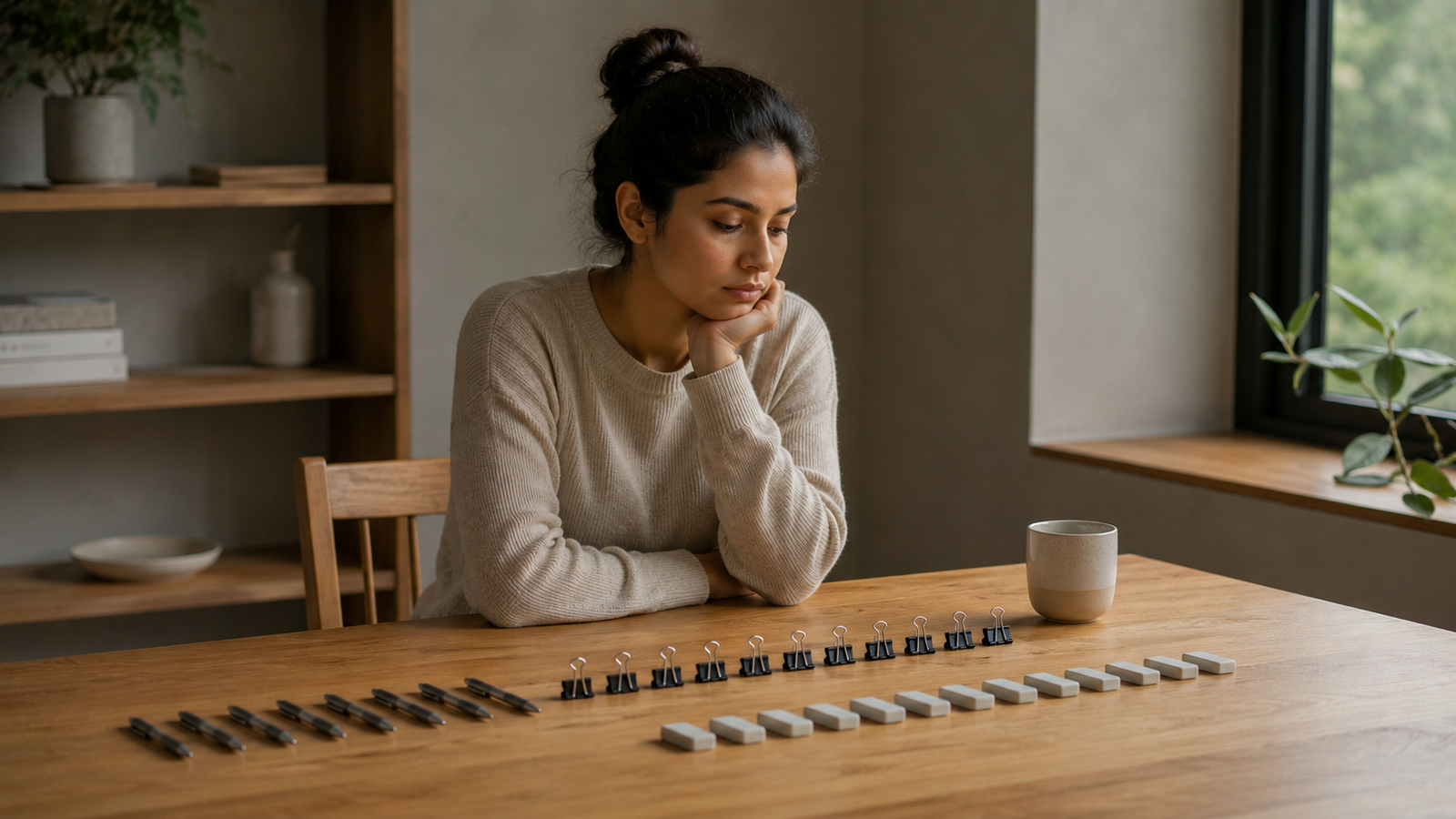 A woman sits thoughtfully at a table, surrounded by organized objects, reflecting the struggles of obsessive compulsive disorder.