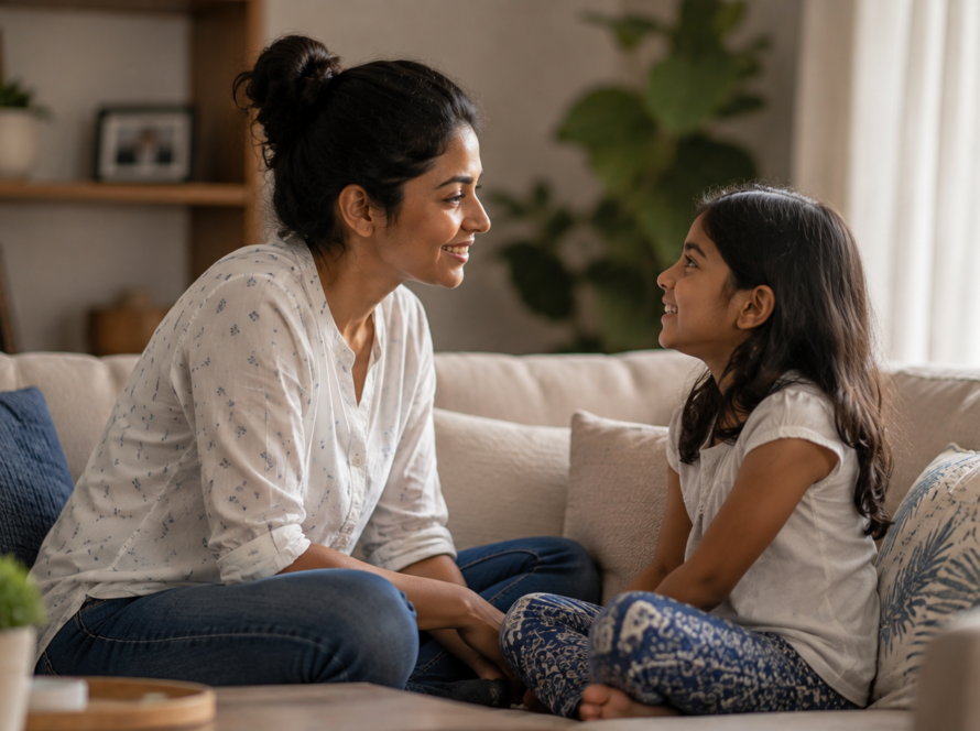 A mother and daughter share a joyful conversation on a couch, reflecting different parenting styles in a cozy living room.