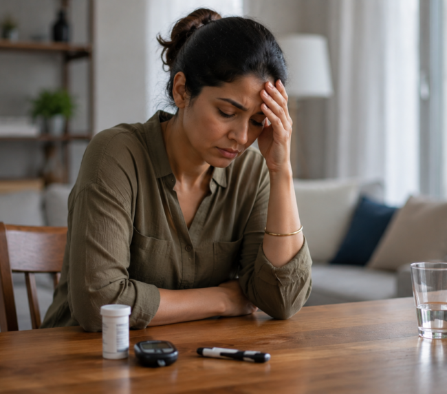 A concerned mother sits at a table, reflecting on challenges related to specific learning disorder in children.