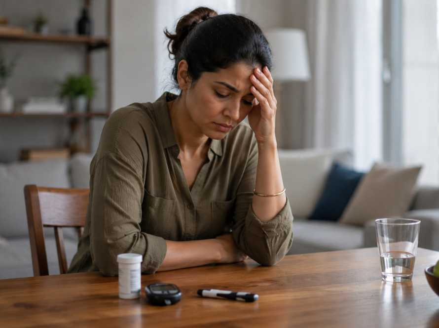 A concerned mother sits at a table, reflecting on challenges related to specific learning disorder in children.