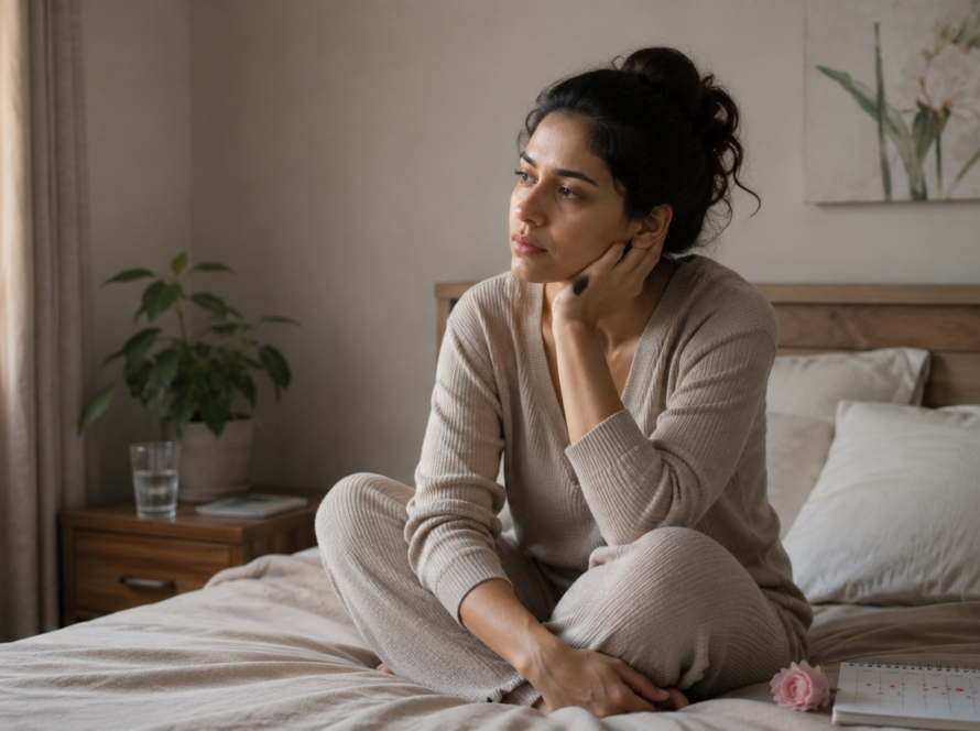A woman sits thoughtfully on a bed, reflecting on the impact of stress and female fertility in a serene bedroom setting.
