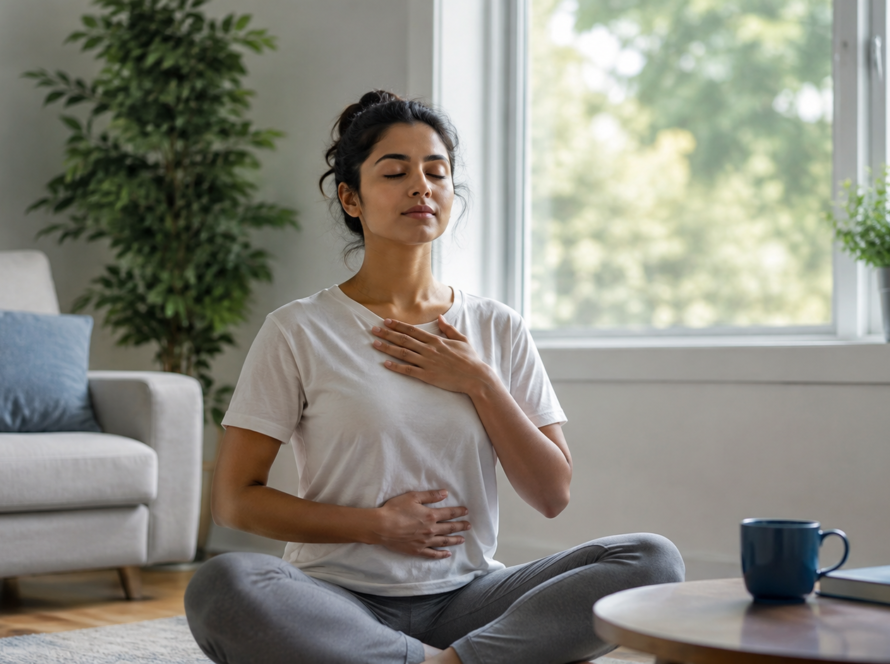 Woman practicing deep breathing, a way to release anxiety.
