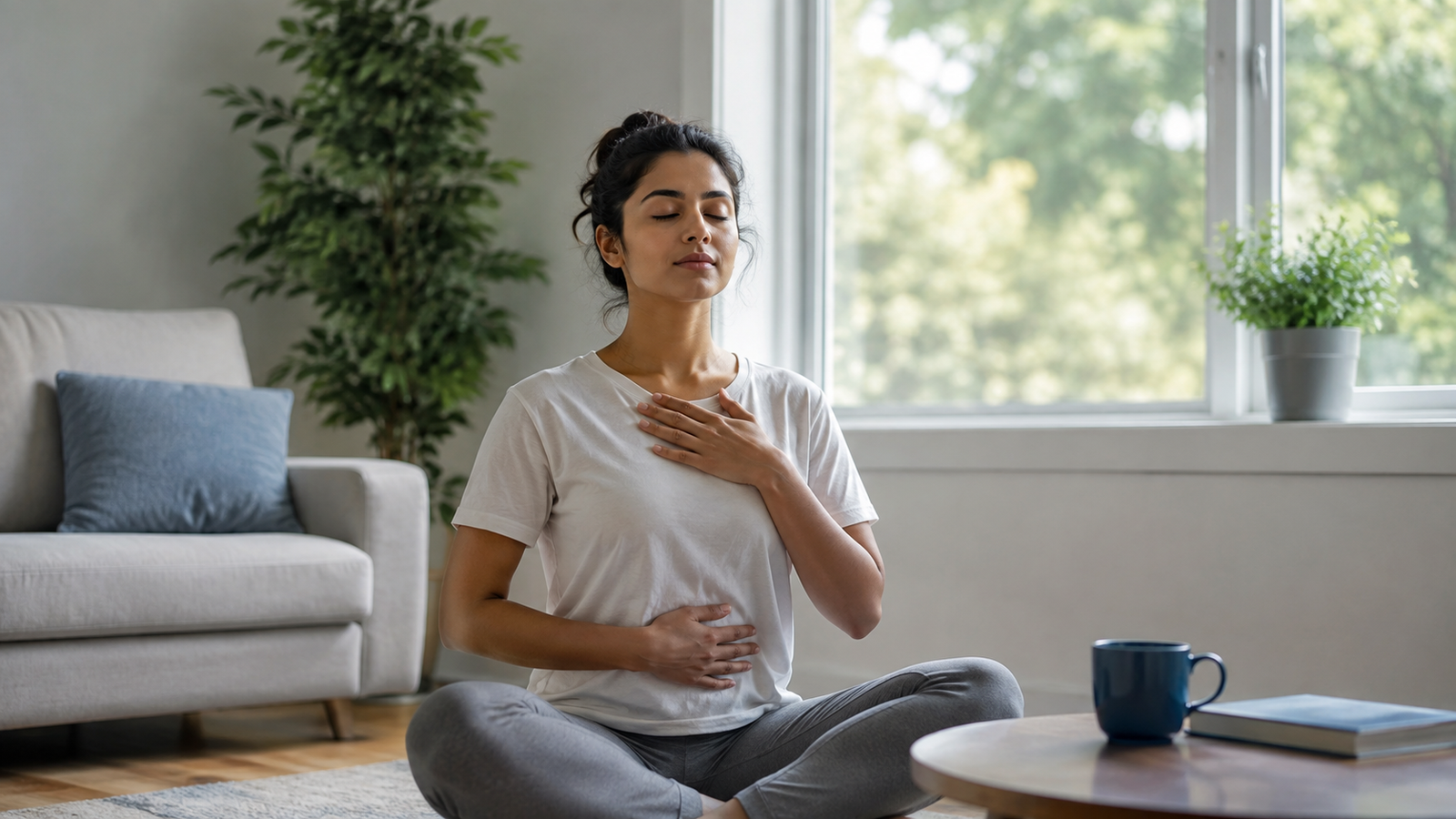 Woman practicing deep breathing, a way to release anxiety.