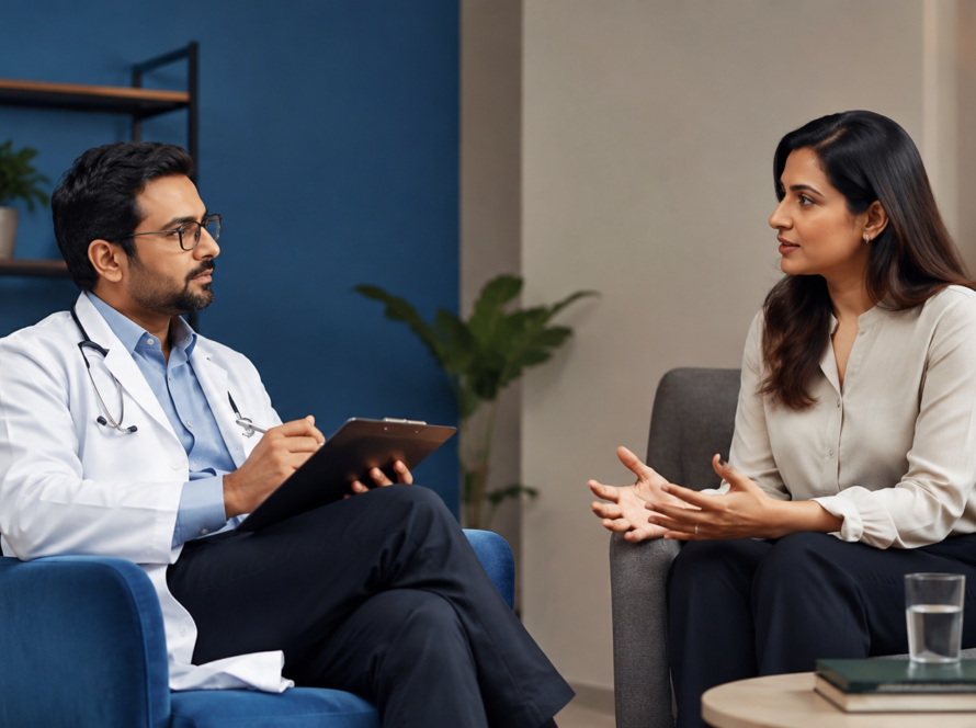 Psychiatrist and patient discussing mental health in an office setting.
