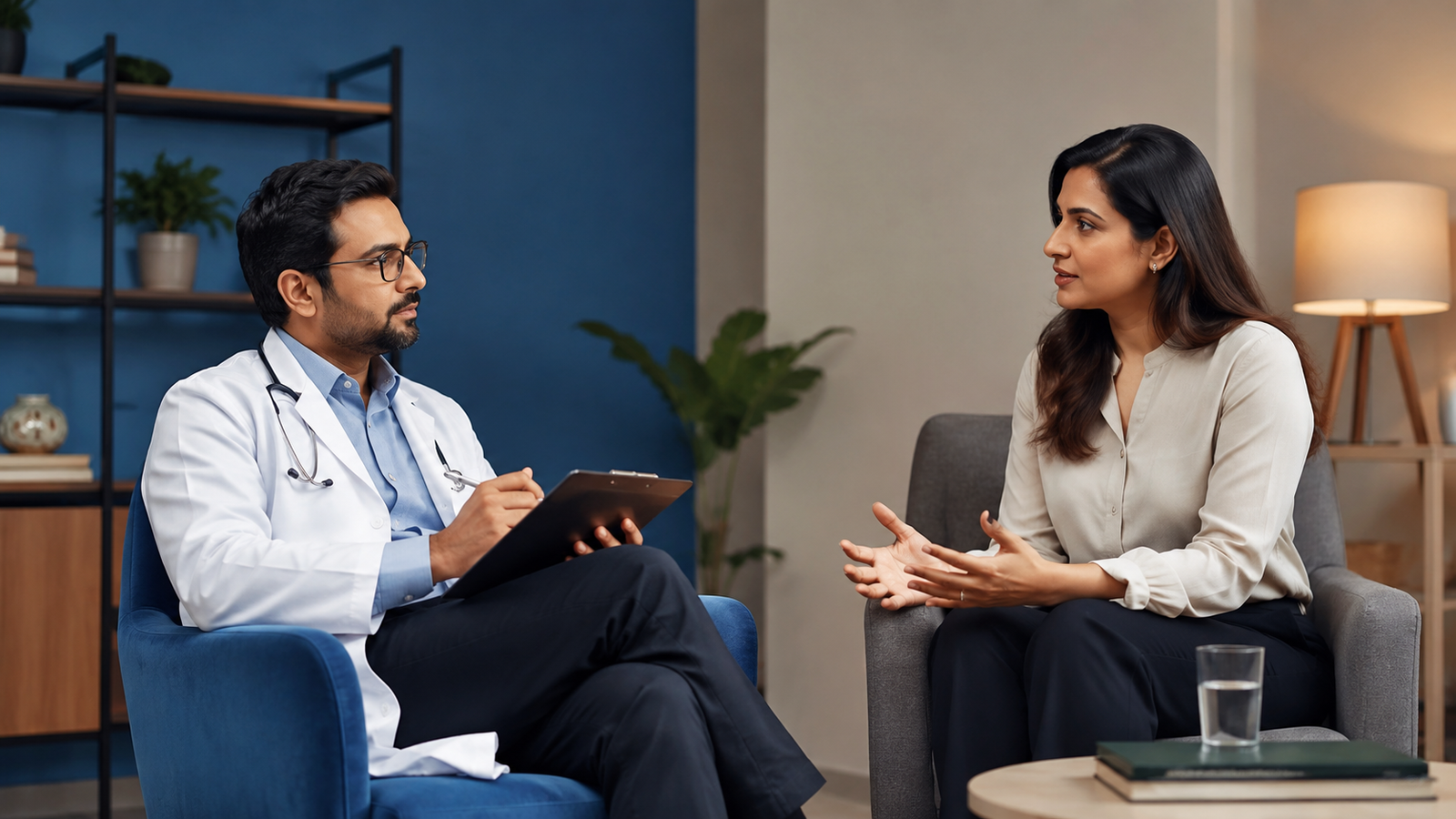 Psychiatrist and patient discussing mental health in an office setting.