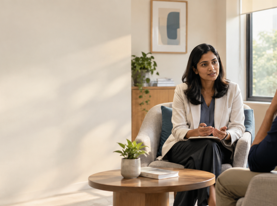 Psychiatrist consulting with a patient in a calm mental health clinic