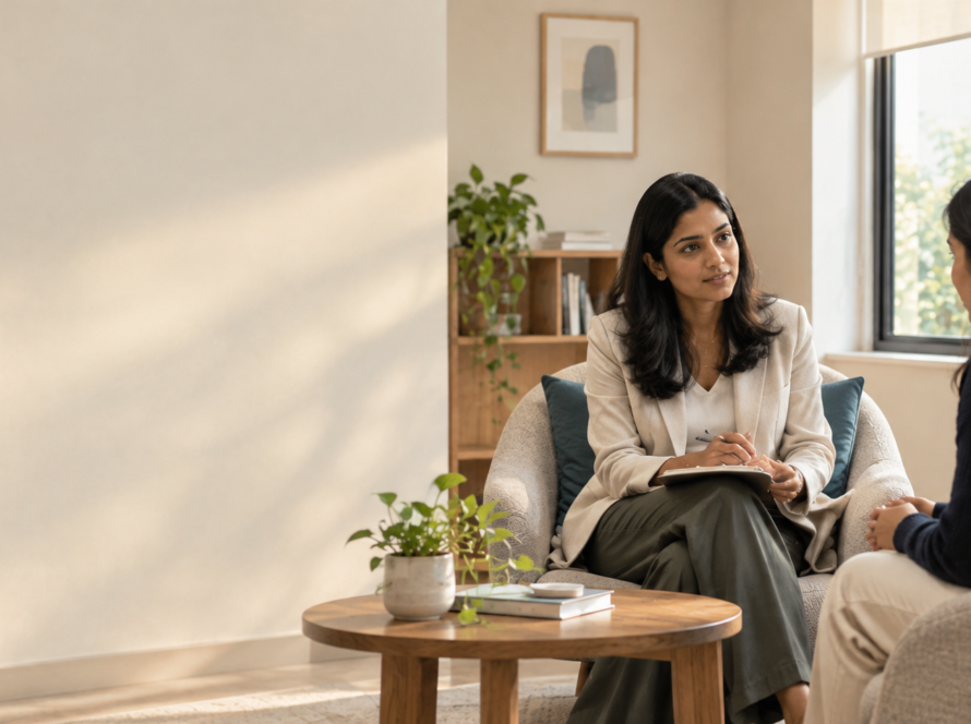 Psychologist speaking with a patient during a therapy session in a modern mental health clinic