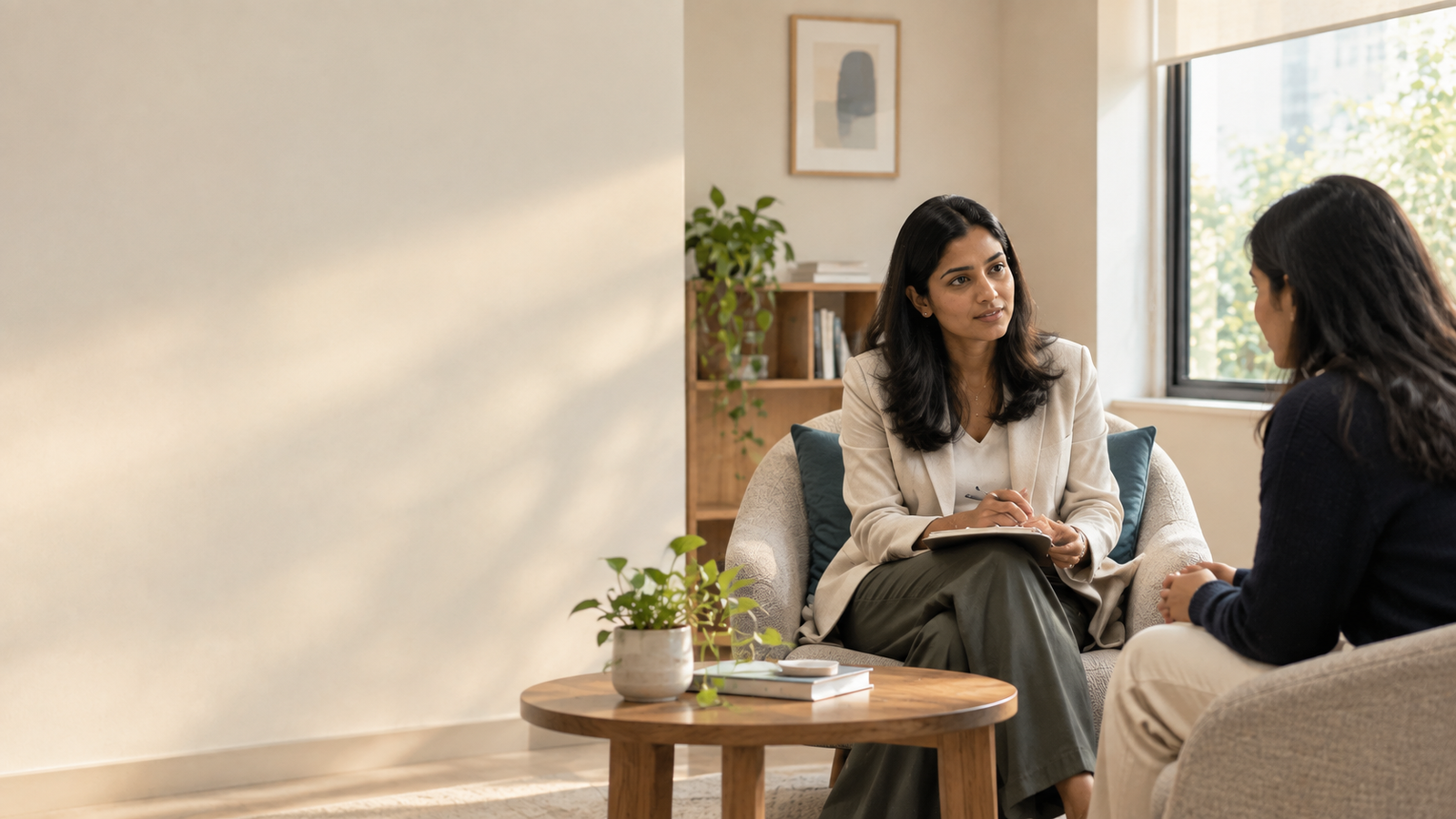 Psychologist speaking with a patient during a therapy session in a modern mental health clinic