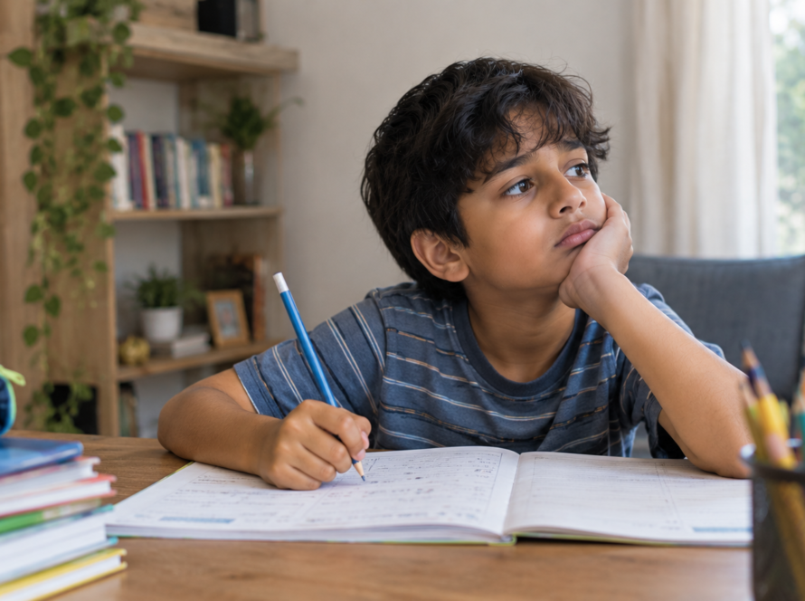 Young child struggling to concentrate on homework, looking distracted while sitting at a study table.