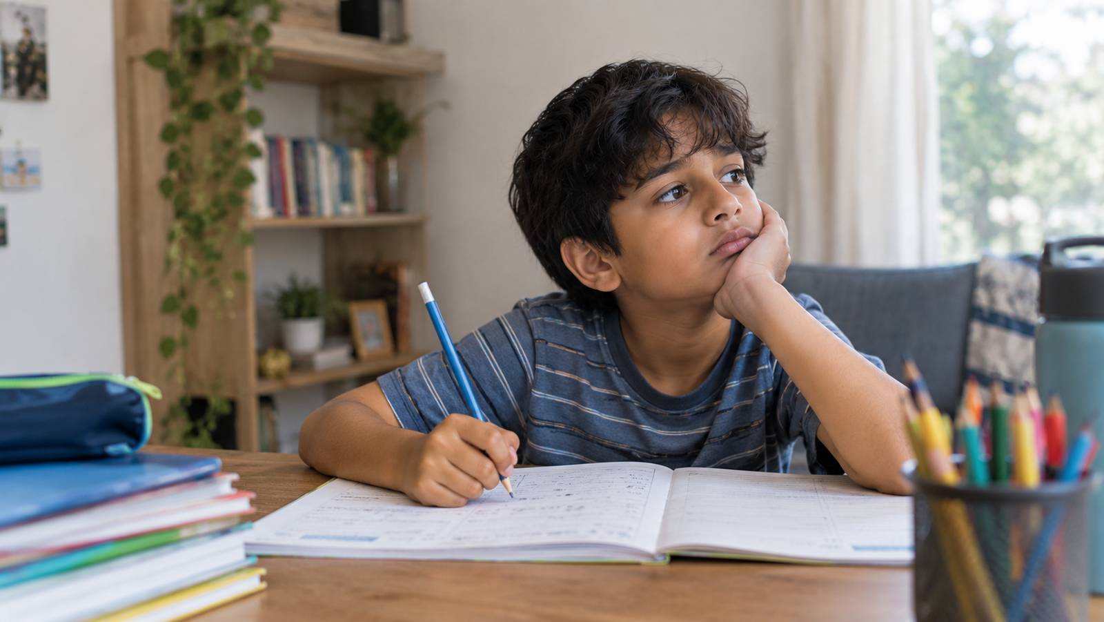 Young child struggling to concentrate on homework, looking distracted while sitting at a study table.