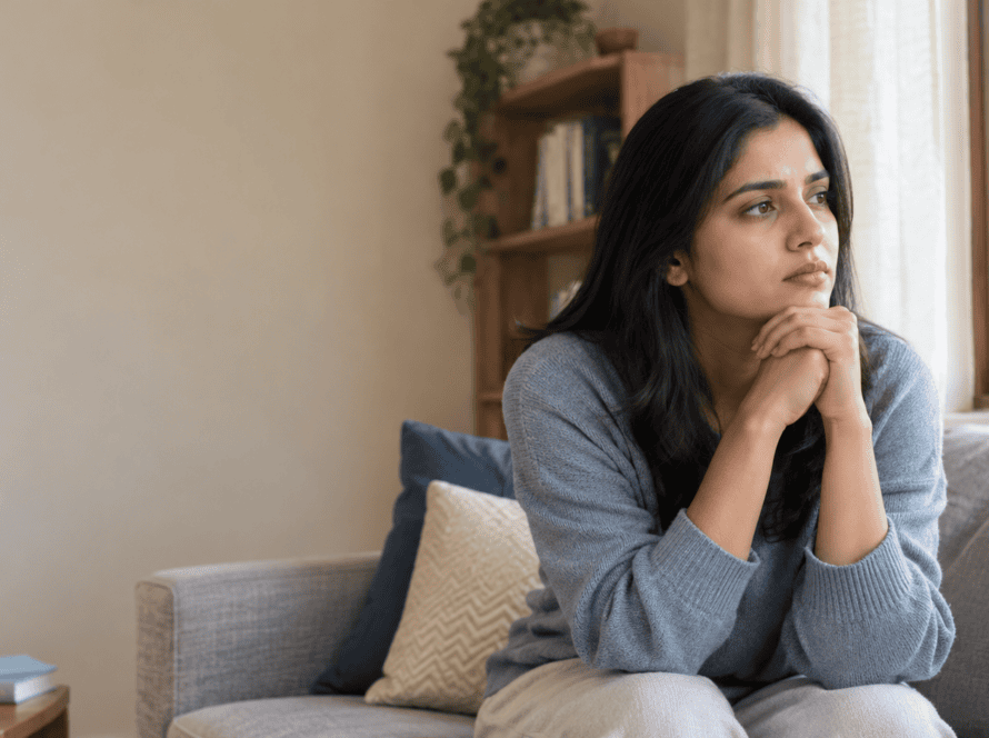 Young Indian woman sitting thoughtfully by a window, experiencing feelings of anxiety at home