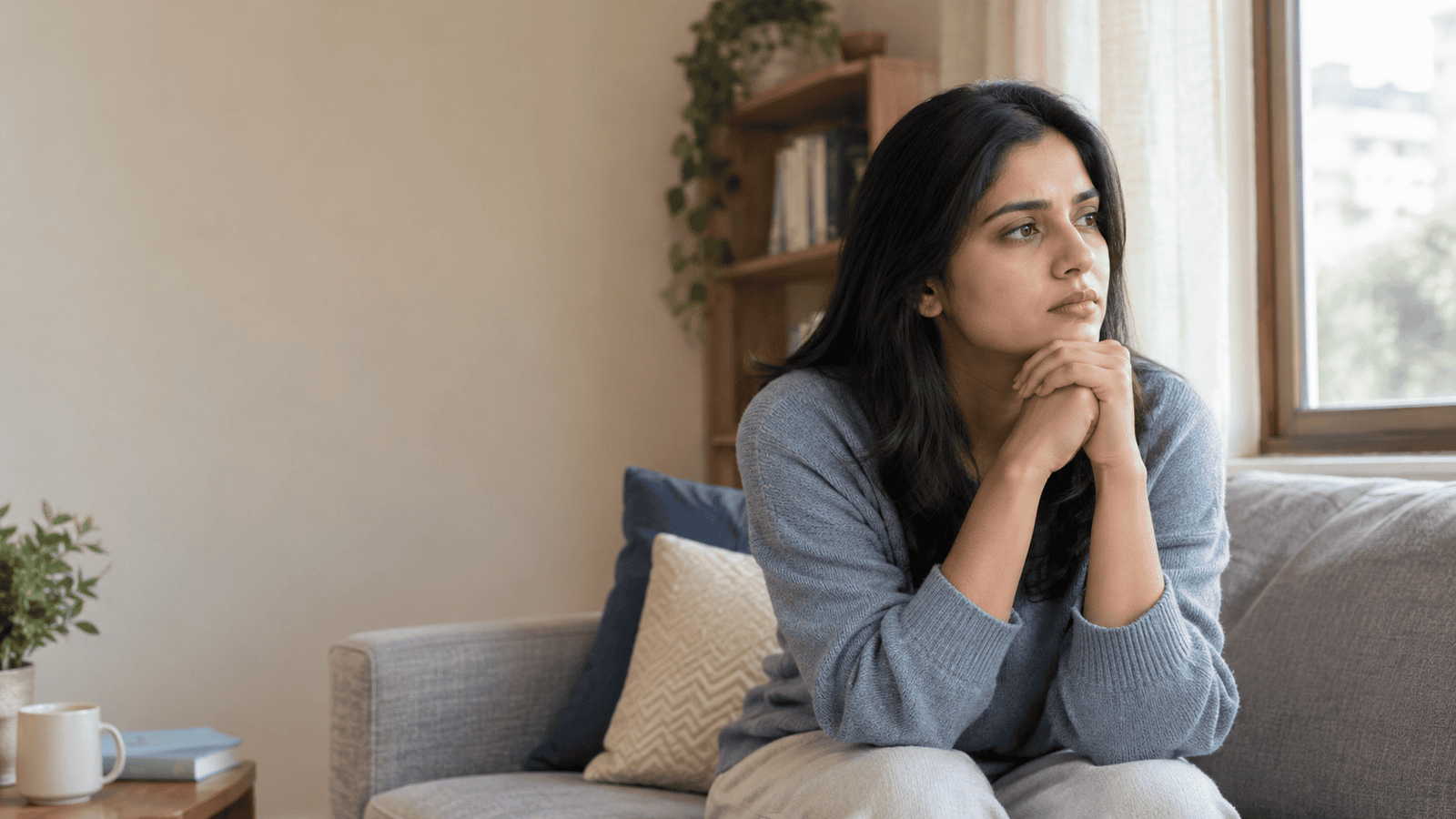 Young Indian woman sitting thoughtfully by a window, experiencing feelings of anxiety at home
