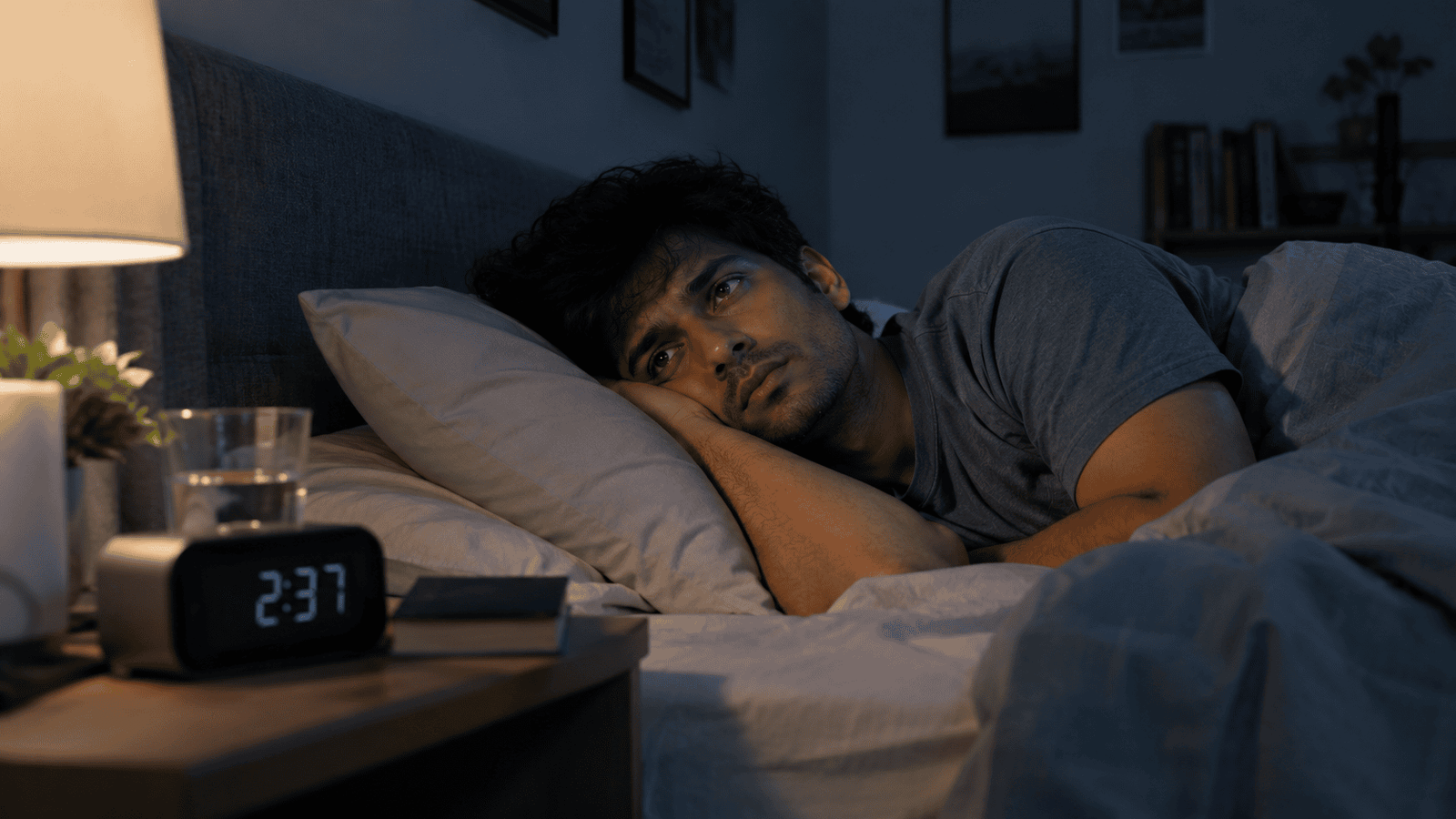 Exhausted man lying awake in bed at night, unable to fall asleep despite feeling tired.