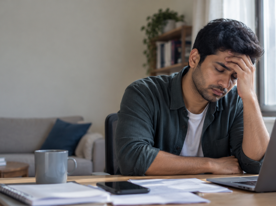 Tired Indian man sitting at his desk with his hand on his forehead, experiencing stress and mental exhaustion.