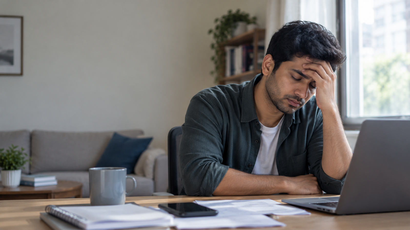 Tired Indian man sitting at his desk with his hand on his forehead, experiencing stress and mental exhaustion.