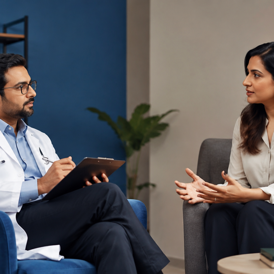 Psychiatrist and patient discussing mental health in an office setting.